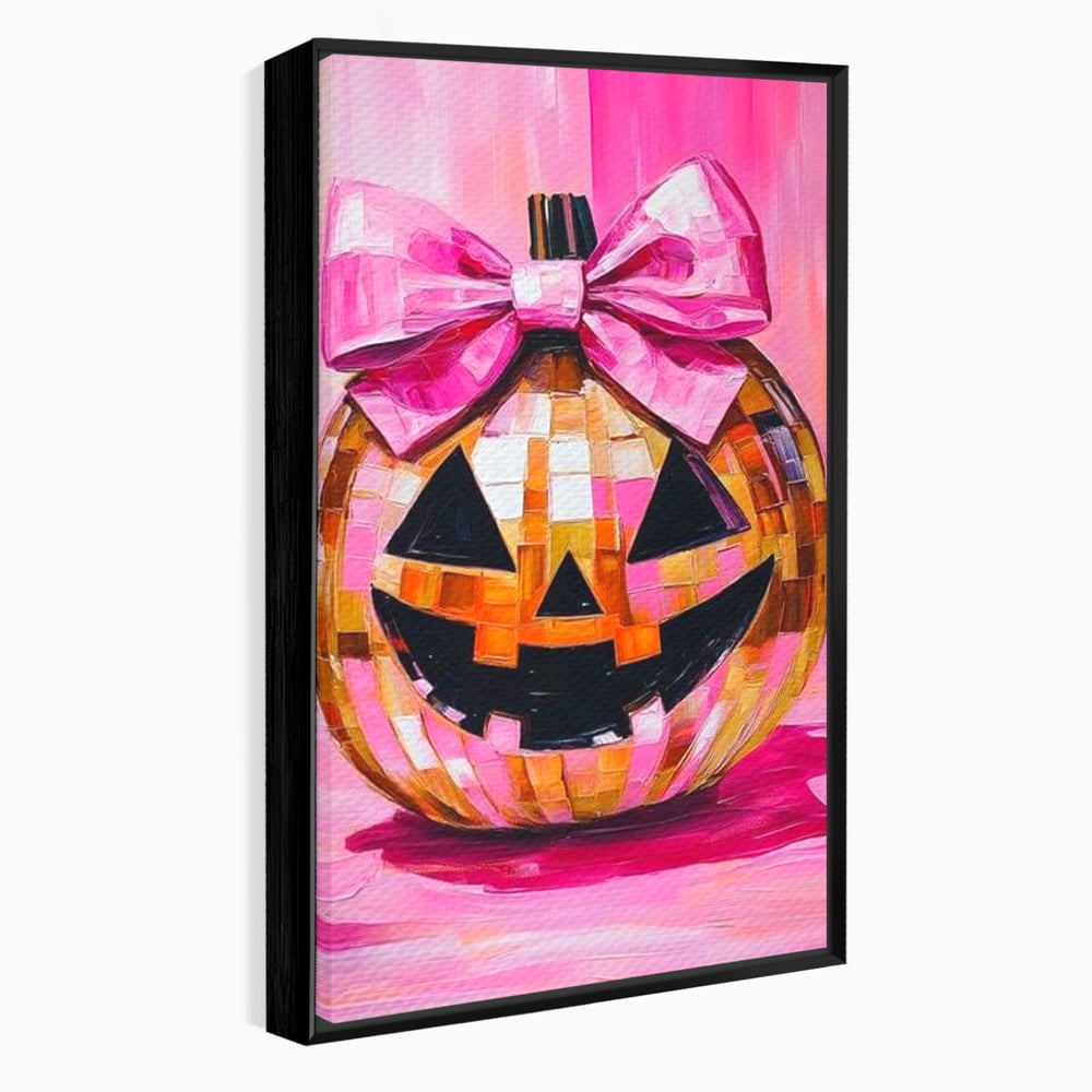 Tablou canvas cu tablou canvas cu dovleac roz si fundita, in rama de aluminiu negru